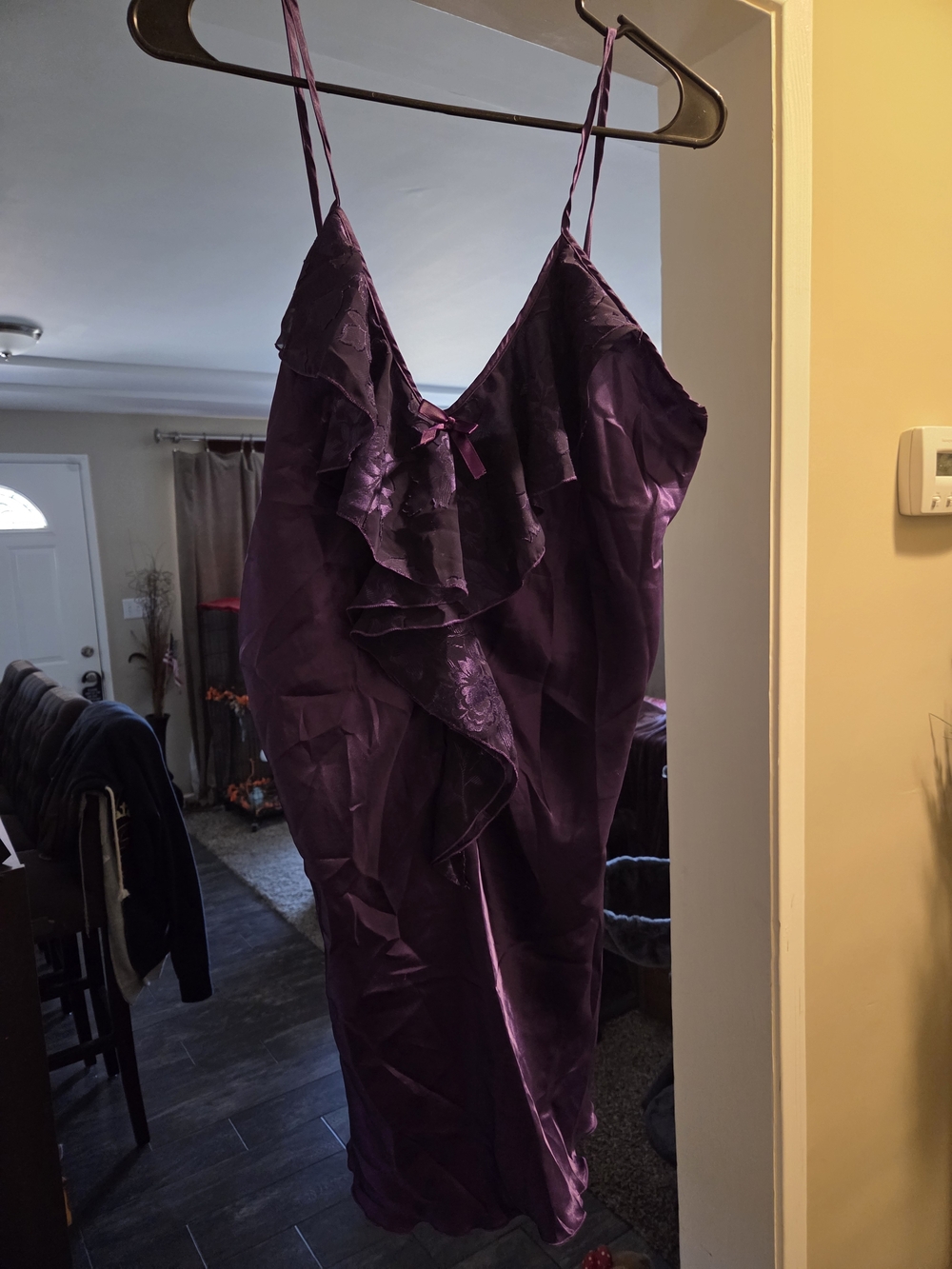 Satin Ruffle Slip Chemise in Deep Purple